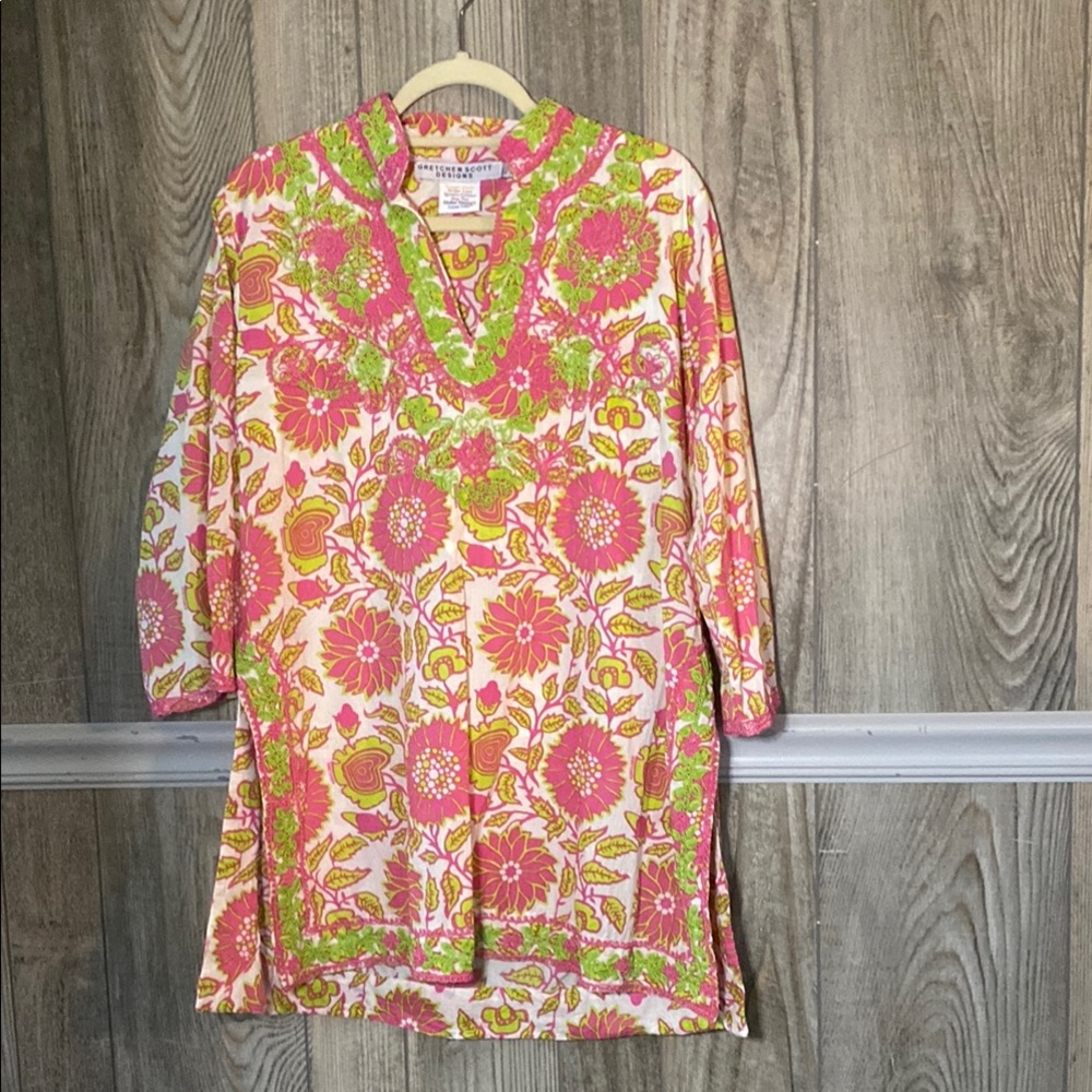 Gretchen Scott Designs 100% Cotton Pink and Green Floral Tunic